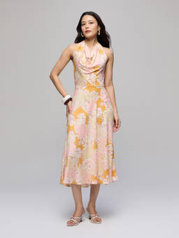 Twenty Dresses by Nykaa Fashion - Peach Floral Cowl Neck Sleeveless Fit and Flare Midi Dress