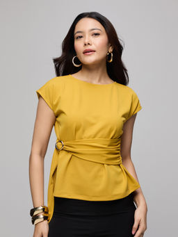 Twenty Dresses by Nykaa Fashion - Mustard Round Neck Tie Up Buckle Detail Top