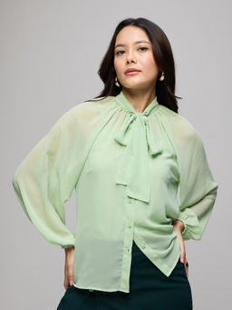 Twenty Dresses by Nykaa Fashion - Green Full Sleeves Button Down Tie Up Detail Shirt