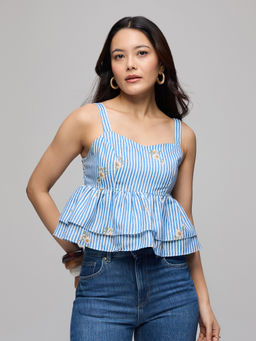 Twenty Dresses by Nykaa Fashion - Blue Stripes Double Layered Peplum Strappy Crop Top