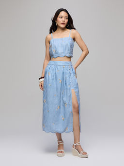 Twenty Dresses by Nykaa Fashion - Blue Stripes Scalloped Hem Crop Top and Flared Midi Skirt