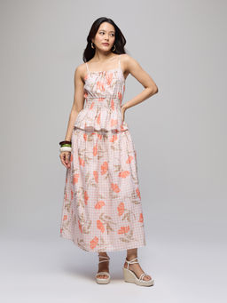 Twenty Dresses by Nykaa Fashion - Orange Checks Strappy Top with Flared Midi Skirt