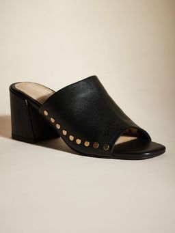 Peach Flores - Women Black Leather Studded Heels