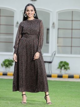 Juniper - Black Floral Printed Chiffon Flared Maxi Dress with Buttons.