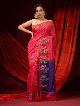 CHARUKRITI - Fuchsia Blended Cotton Ethnic Motifs and Floral Borders Saree with Unstitched Blouse