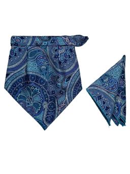 The Tie Hub - Blue Microfiber Printed Design Velcro Cravat and Pocket Square Set for Men