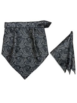 The Tie Hub - Black and Grey Microfiber Printed Design Velcro Cravat and Pocket Square Set for Men