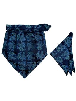 The Tie Hub - Navy Blue Microfiber Printed Design Velcro Cravat and Pocket Square Set for Men