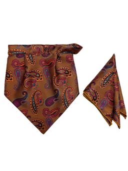 The Tie Hub - Mustard Microfiber Printed Design Velcro Cravat and Pocket Square Set for Men