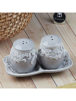 Kookee - Grey Ceramic Salt & Pepper Shakers Set with Tray