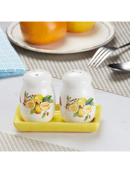 Kookee - White Printed Ceramic Salt & Pepper Shakers Set with Tray