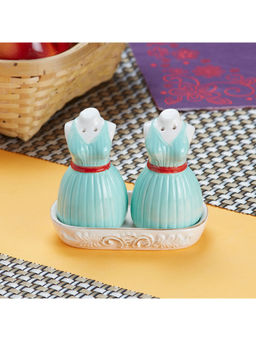 Kookee - Blue Ceramic Salt & Pepper Shakers Set with Tray