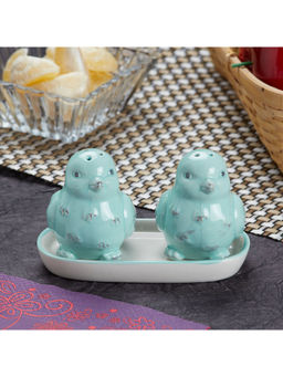 Kookee - Bird Light Blue Ceramic Salt & Pepper Shakers Set with Tray