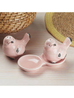 Kookee - Pink Bird Ceramic Salt & Pepper Shakers Set with Tray
