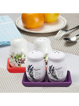 Kookee - White Floral Printed Ceramic Salt & Pepper Shakers with Tray (Set Of 2)