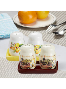 Kookee - White Printed Ceramic Salt & Pepper Shakers with Tray (Set Of 2)