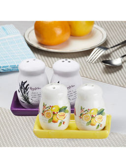 Kookee - Printed Ceramic Salt & Pepper Shakers with Tray (Set Of 2)