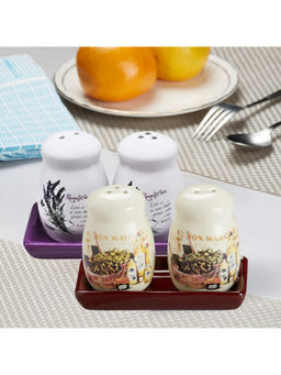 Kookee - Printed Ceramic Salt & Pepper Shakers with Tray (Set Of 2)