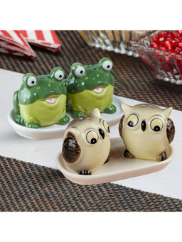 Kookee - Owl & Frog Ceramic Salt & Pepper Shakers with Tray (Set Of 2)