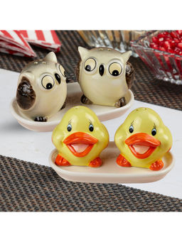 Kookee - Owl & Tweety Ceramic Salt & Pepper Shakers with Tray (Set Of 2)