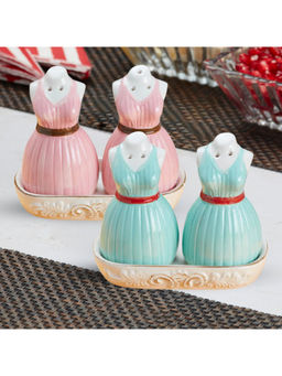 Kookee - Multi-Color Ceramic Salt & Pepper Shakers Set with Tray