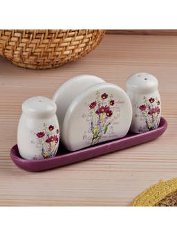 Kookee - White Floral Ceramic Salt & Pepper Shakers Set with Tray