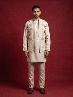 Jompers - Men Floral Embroidered Cotton Kurta Pyjama And Nehru Jacket