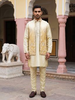 Jompers - Men Silk Blend Embroidered Kurta Pyjama With Nehru Jacket