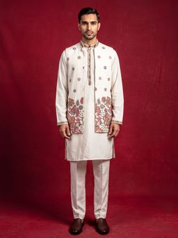 Jompers - Japanese Fabric Embroidered Nehru Jacket With Kurta & Pyjama