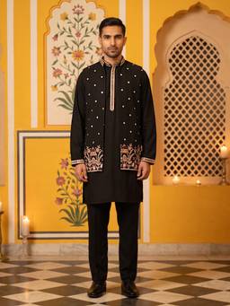 Jompers - Japanese Fabric Embroidered Nehru Jacket With Kurta & Pyjama
