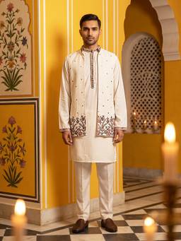 Jompers - Japanese Fabric Embroidered Nehru Jacket With Kurta & Pyjama