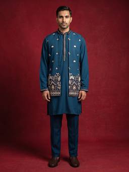 Jompers - Japanese Fabric Embroidered Nehru Jacket With Kurta & Pyjama