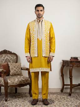 Jompers - Men's Embroidered Nehru Jacket With Kurta & Pyjama