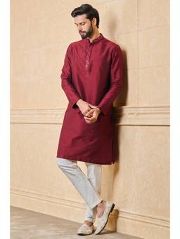 TASVA - Maroon Kurta Pant With Embroidered Collar And Placket