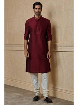 TASVA - Maroon Kurta Pant With Embroidered Collar And Placket