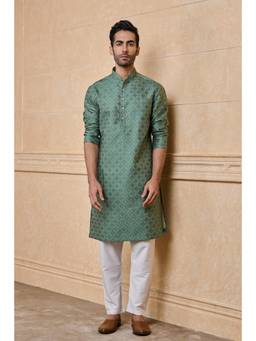 TASVA - Green Jacquard Kurta Pant With Top Stitch Detailing