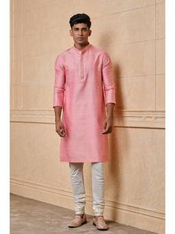 TASVA - Pink Jacquard Kurta Pant With Top Stitch Detailing