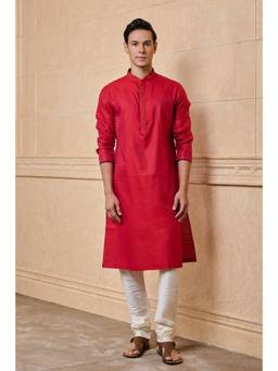 TASVA - Red Jacquard Kurta Pant With Top Stitch Detailing