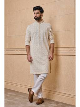 TASVA - Beige Printed Kurta Pant With Embroidery Highlight