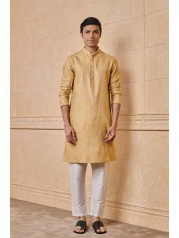 TASVA - Gold Jacquard Kurta Pant With Top Stitch Detailing