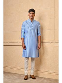 TASVA - Light Blue Jacquard Kurta Pant With Top Stitch Detailing