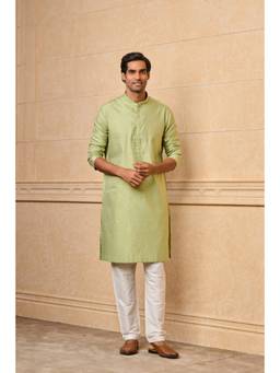 TASVA - Light Green Floral Kurta Pant With Top Stich Detailing
