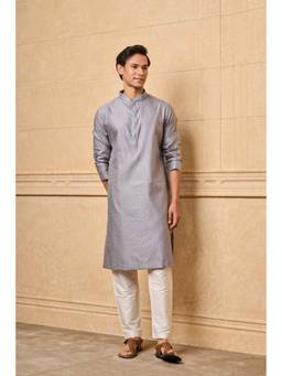 TASVA - Grey Floral Kurta Pant With Top Stich Detailing
