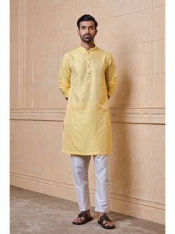 TASVA - Yellow Jacquard Kurta Pant With Embroidered Collar