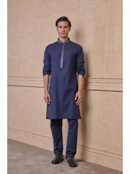 TASVA - Navy Linen Blend Kurta Pant With Resham Embroidery