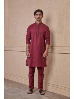 TASVA - Wine Linen Blend Kurta Pant With Resham Embroidery