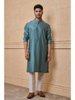 TASVA - Blue Jacquard Kurta Pant In Geometrical Pattern