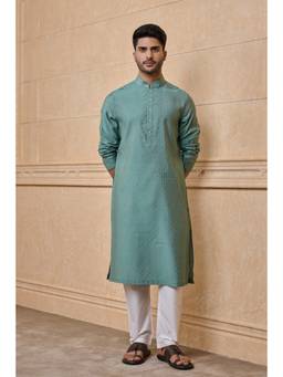 TASVA - Blue Jacquard Kurta Pant In Jaali Pattern