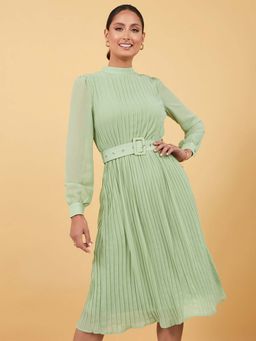 Styli - Green Long Sleeves High Neck Pleated A-line Midi Dress With Belt (Set of 2)