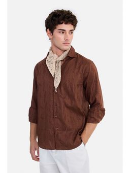 Snitch - Brown Self Design Collar Neck Shirt